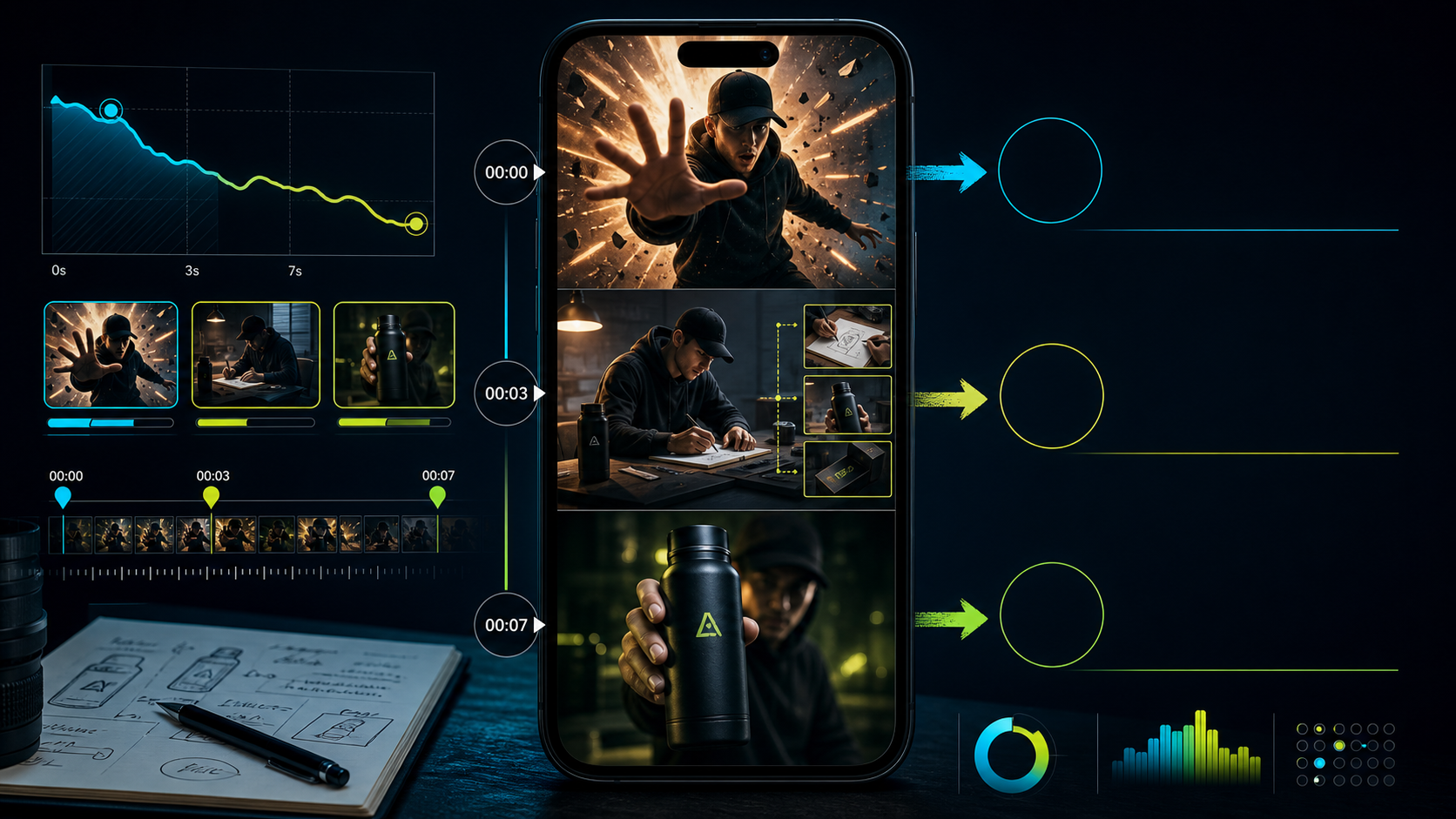 Original illustration of a short video being analysed across an opening hook, story sequence and final call to action