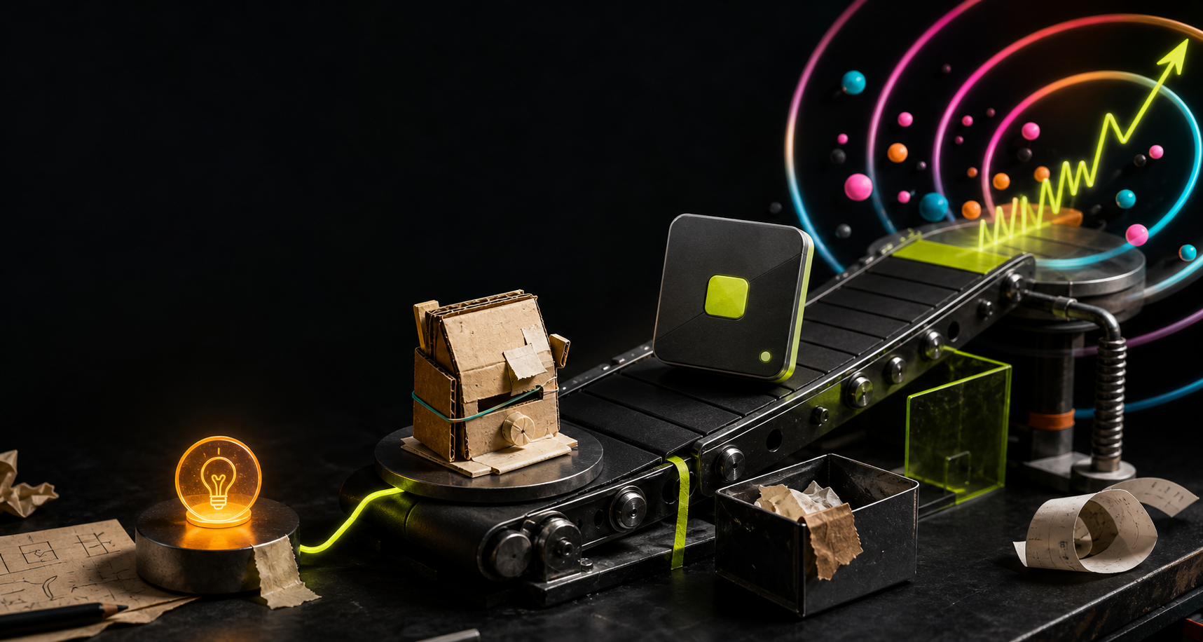 A glowing idea moves through a production line, becomes a rough product and creates market signal rings